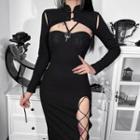 Set: Long-sleeve Frog-buttoned Shrug + Strappy Lace-up Midi Sheath Dress