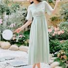 Floral Embroidered Tie-waist Short-sleeve Midi A-line Dress
