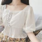 Short-sleeve Square-neck Lace-up Cropped Blouse White - One Size