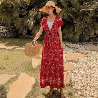 Set: Patterned V-neck Short-sleeve Maxi Sundress + Bandeau