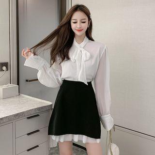 Set: Bow Accent Chiffon Blouse + A-line Skirt