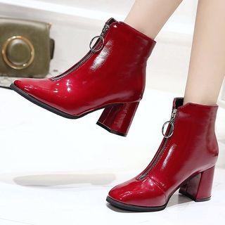 Patent Front-zip Block Heel Ankle Boots