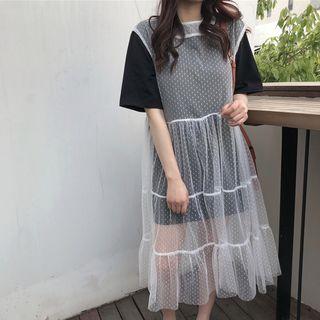 Short-sleeve T-shirt / Sleeveless Midi Mesh Dress