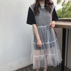 Short-sleeve T-shirt / Sleeveless Midi Mesh Dress