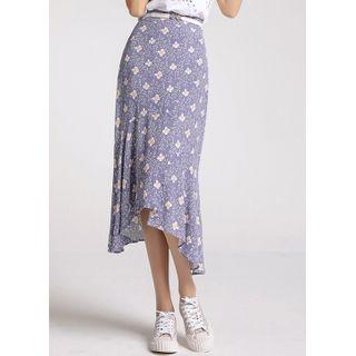 Asymmetric Ruffle-hem Long Floral Skirt