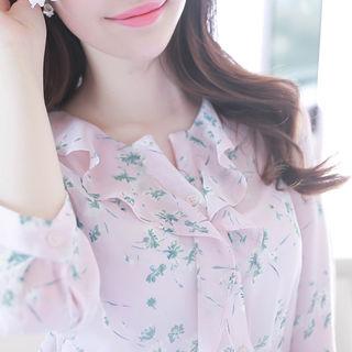 3/4-sleeve Ruffle-trim Floral Blouse