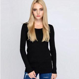 Crew-neck Long-sleeve Knit Top Black - One Size