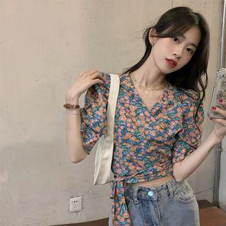 Short-sleeve Floral Blouse Orange & Blue & Green - One Size