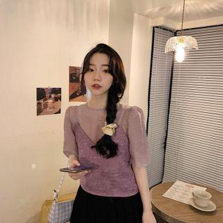 Set: Puff-sleeve Mesh Blouse + Camisole Top