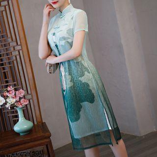 Set: Short-sleeve Thin Coat + Short-sleeve Floral Print Dress