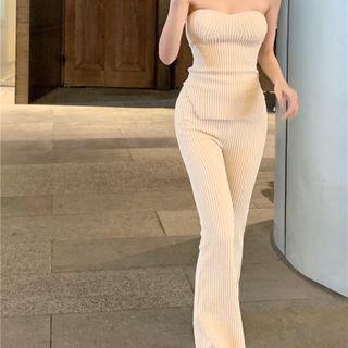 Strapless Knit Top / High-waist Straight-leg Pants