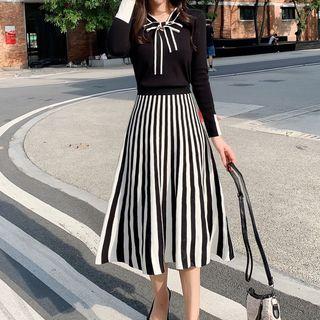Set: Long-sleeve Tie-neck Knit Top + Striped Midi A-line Skirt