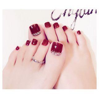 Embellished Toe Nail Tips J51 - Glue - Wine Red - One Size