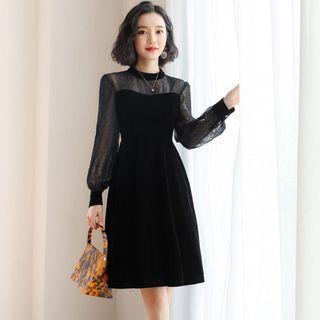 Velvet Panel Chiffon Midi Dress