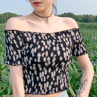 Floral Print Off-shoulder Short-sleeve Cropped Top