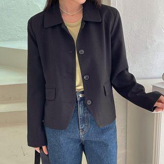 Mandarin-collar Dual-pocket Patterned Blouse