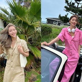 Short-sleeve Metallic-button Shirtwaist Jumpsuit