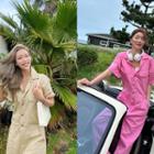 Short-sleeve Metallic-button Shirtwaist Jumpsuit
