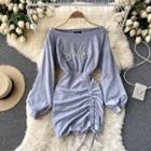 Off-shoulder Drawstring Puff-sleeve Dress