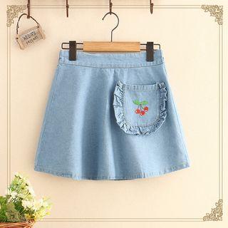 Cherry Embroidered A-line Denim Skirt
