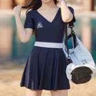Short-sleeve V-neck Lettering Swim Dress