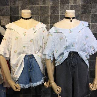 Ruffle Embroidery Striped Top