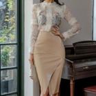 Set: Long-sleeve Top + Paneled Fitted Skirt