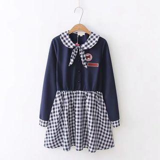 Mock Two-piece Long-sleeve Gingham Panel Mini A-line Dress