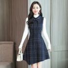 Long-sleeve Mock Neck T-shirt / Sleeveless Plaid Asymmetric A-line Mini Dress