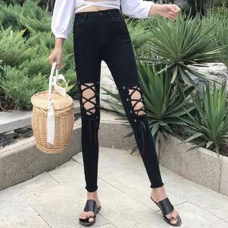 Distressed Lace Up Detail Skinny Jeans