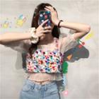 Puff-sleeve Mesh Blouse / Sequined Cropped Camisole Top