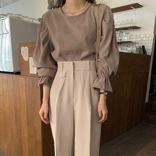 Puff-sleeve Plain Blouse / Wide-leg Dress Pants