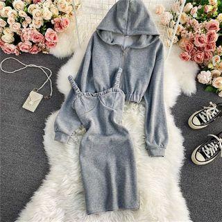 Set: Hooded Jacket + Slit-cut Bodycon Dress