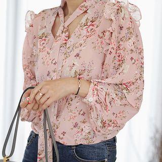 Tie-neck Pleated-sleeve Floral Blouse