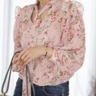 Tie-neck Pleated-sleeve Floral Blouse