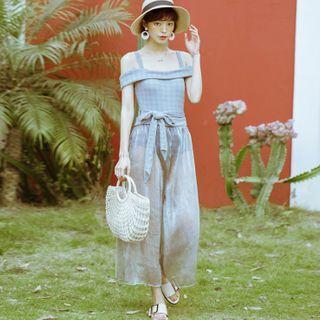 Set: Cold-shoulder Plaid Swimsuit + Cropped Wide-leg Pants