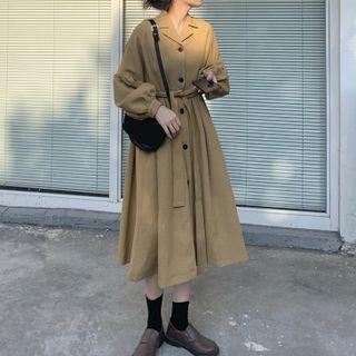 Long-sleeve Button-up Midi Dress Khaki - One Size