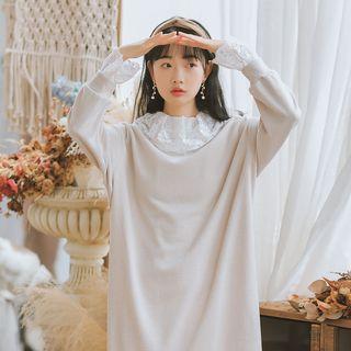 Lace Panel Crewneck Long-sleeve Knit Dress Almond - One Size