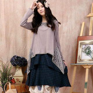 Set: Lace-panel Top + Plaid Dress