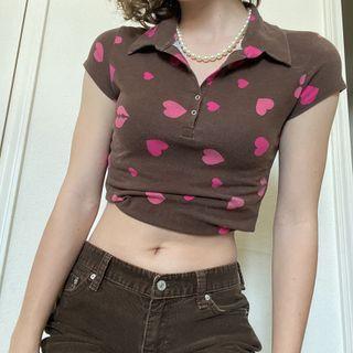 Cap-sleeve Heart Print Cropped Polo Shirt