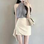 Sleeveless Plain Blouse / Asymmetrical Mini Pencil Skirt / Set