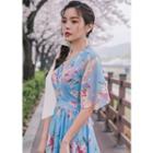 Plunge-neck Floral Chiffon Long Dress