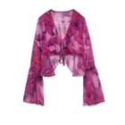 Bell-sleeve Floral Tie-front Chiffon Top