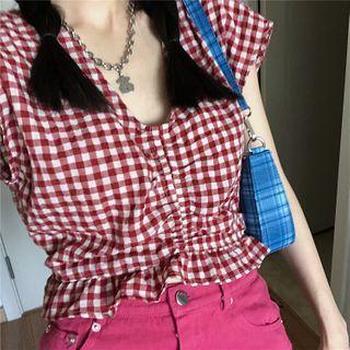 Plaid Cropped V-neck Top / High-waist Denim Skirt