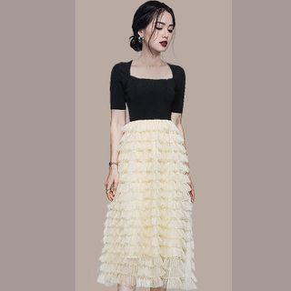 Short-sleeve Knit Panel Layered Mesh Midi A-line Dress