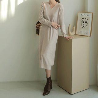 V-neck Slit-cuff Knit Dress