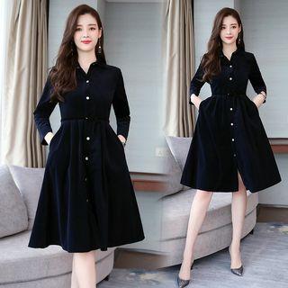 Long-sleeve Corduroy A-line Shirtdress