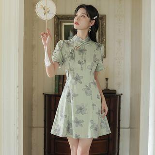 Floral Short Sleeve Tie-neck Qipao Dress