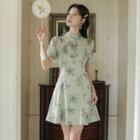 Floral Short Sleeve Tie-neck Qipao Dress