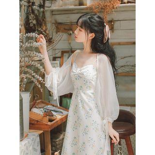 Spaghetti Strap Floral Print A-line Midi Dress / Light Chiffon Jacket